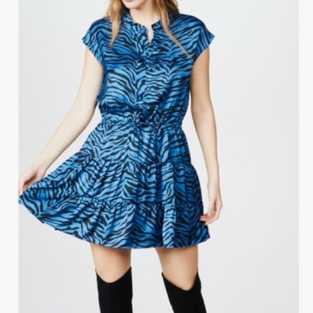 REBECCA MINKOFF Ollie Tiered Blue Zebra Pattern Mini Dress